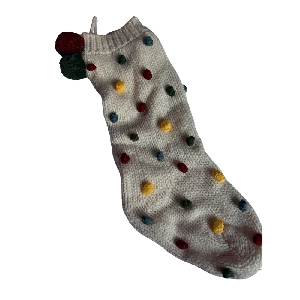 Rachel Zoe Christmas Stocking Unisex OS Cream Multi Pom Pom Excellent Knit Boho